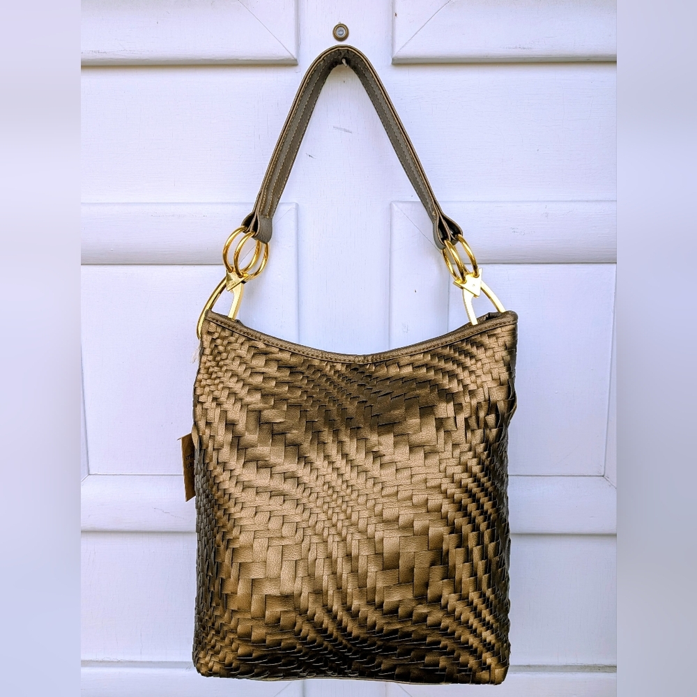Braciano Bronze Gold Faux Leather Woven Hobo Shoulder Bag